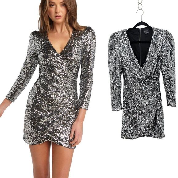 Bardot Womens Sequin Sparkle Dress Sz S Wrap Bodycon Mini Silver Sexy Cocktail - Picture 12 of 12